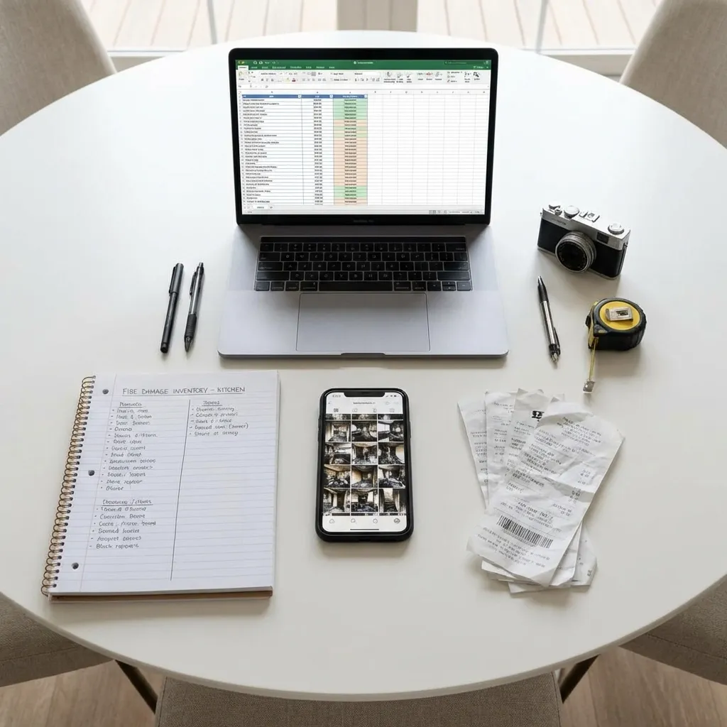 Organized fire claim documentation with photos, inventory lists, receipts, and laptop
