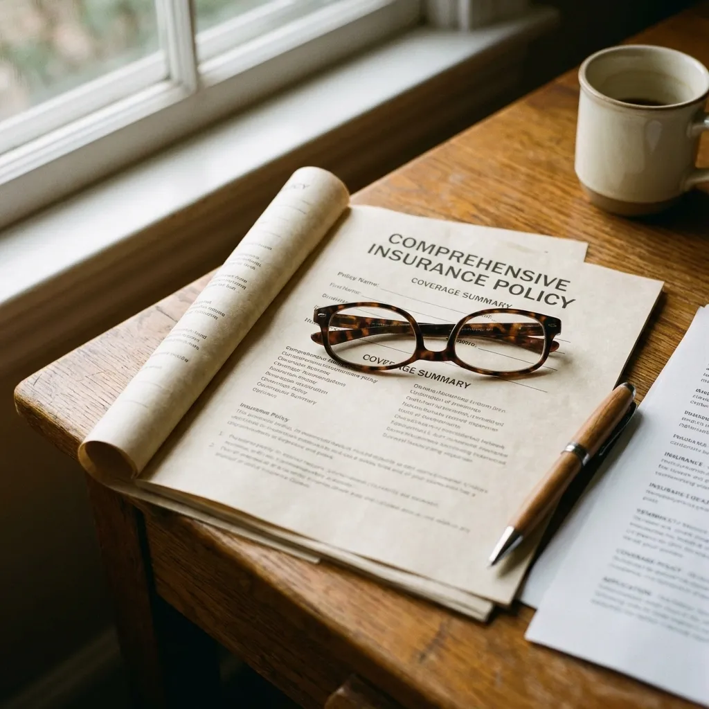 Open insurance policy and reading glasses on a desk
