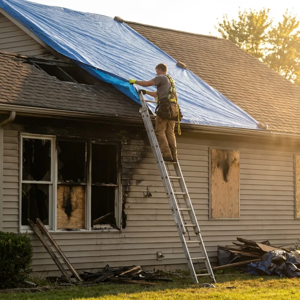 Homeowner secures a tarp over a fire-damaged roof